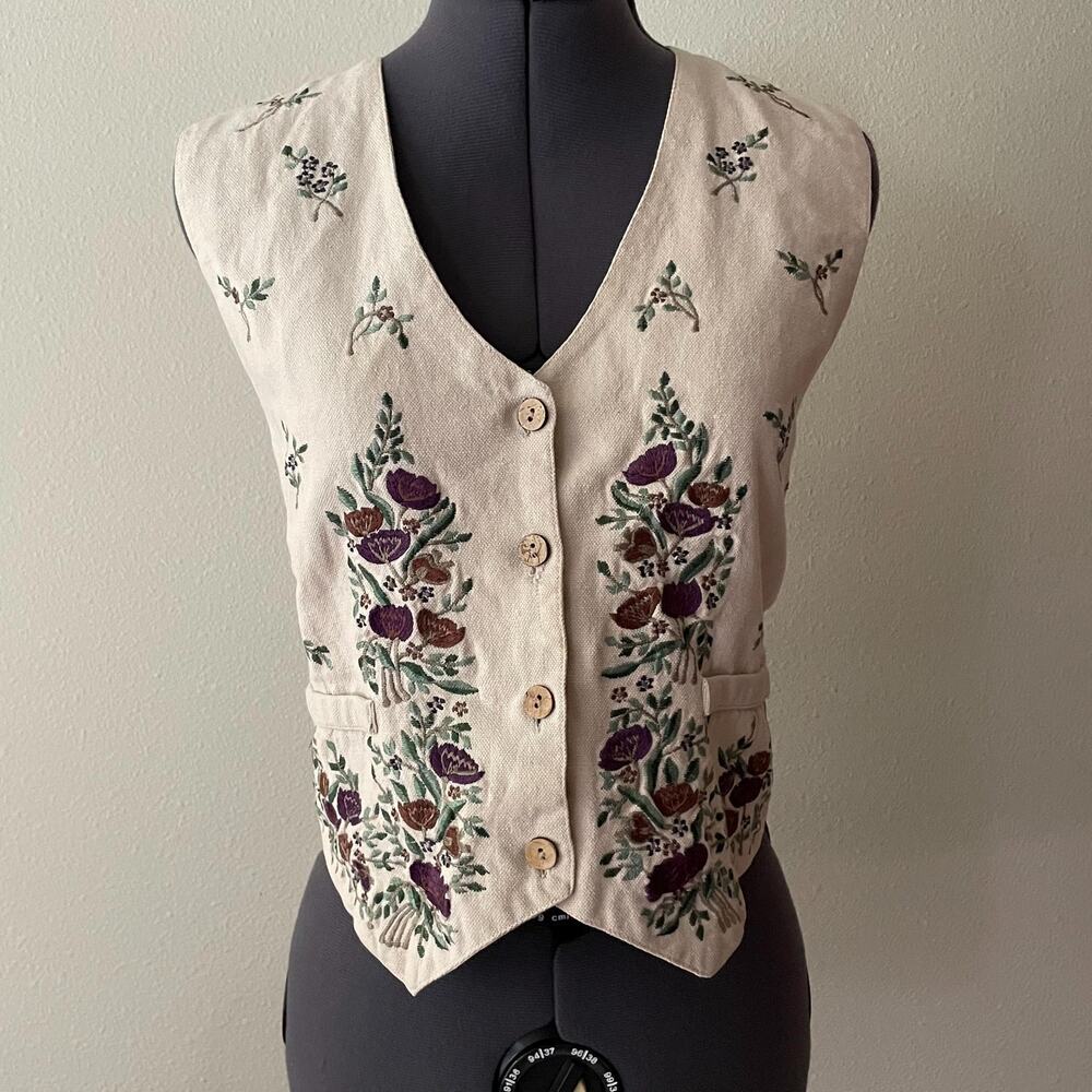90s vintage floral embroidered cotton vest boho whimsy cottage fairy